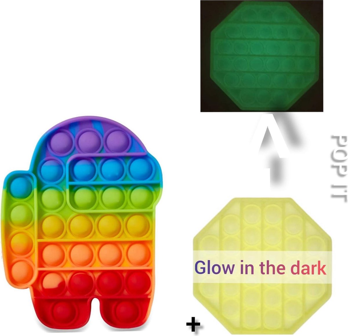 Pop IT pakket van 2 stuks | Among us regenboog + Glow in the dark achthoek | pop it bubbels